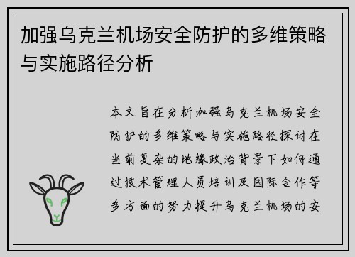 加强乌克兰机场安全防护的多维策略与实施路径分析